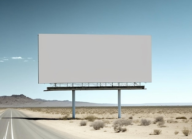 A blank billboard on a road with mountains in the background.