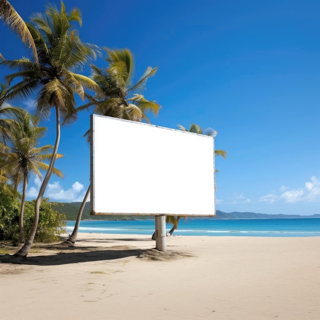 Blank billboard on sandy beach with palm trees