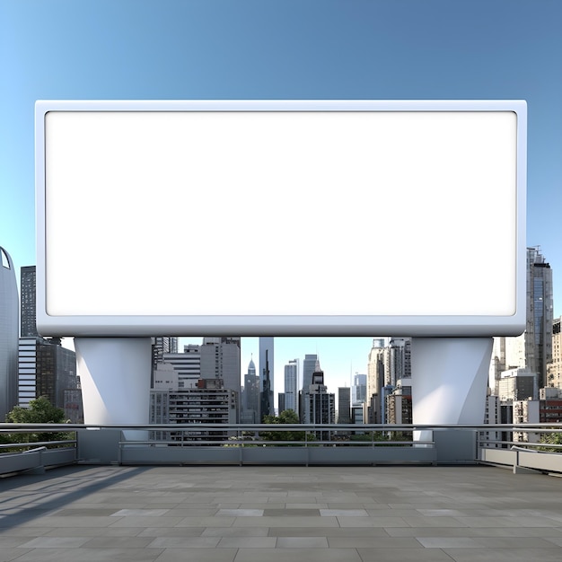 Blank billboard staat hoog tegen een futuristische stad achtergrond