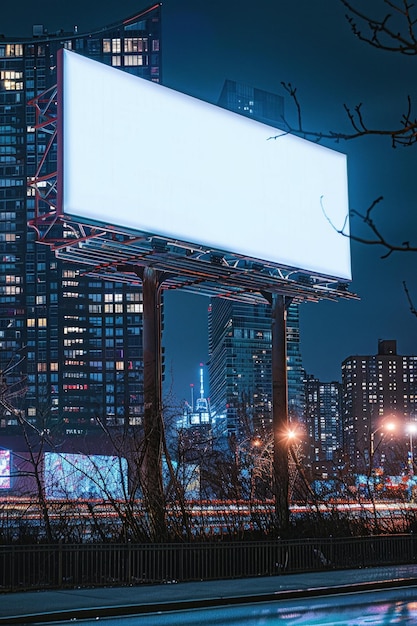 A blank billboard stands in an illuminated city at night ready for advertising messages