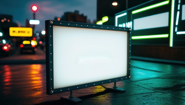 A blank billboard on a street with neon lights