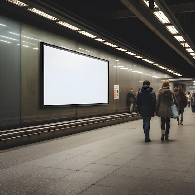 Foto cartellone bianco sul muro della metropolitana con persone che passano per mockup