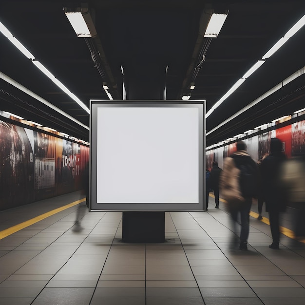 blank billboard on subway with people passing by mockup figures effect