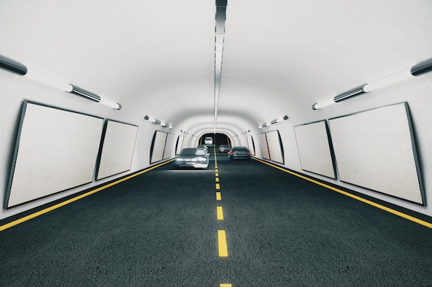 Blank billboards inside the tunnel with cars mock up