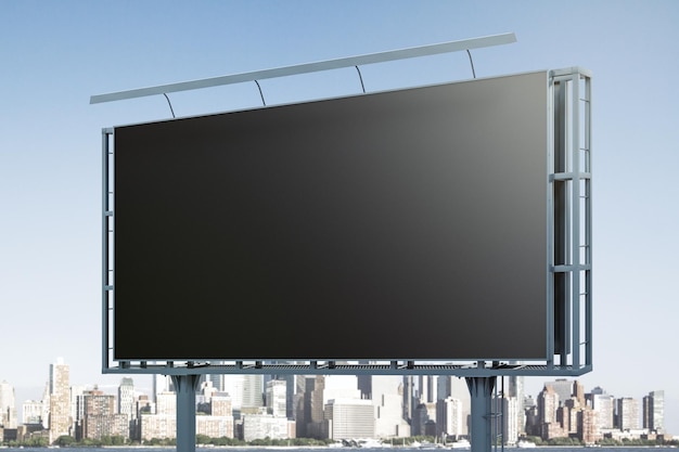 Blank black billboard on city buildings background perspective view Mockup advertising concept