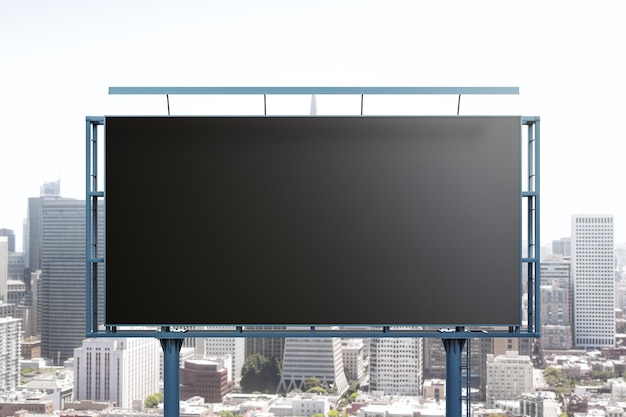 Blank black billboard on cityscape background front view Mock up advertising concept