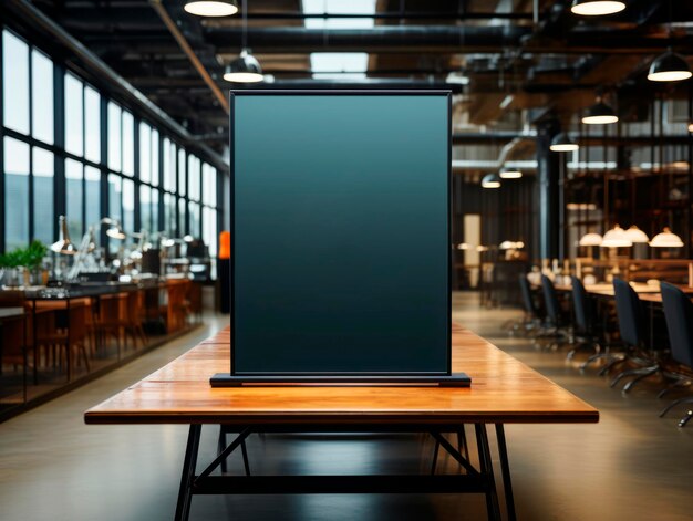 Blank black billboard on wooden table in coffee shop Mock up Generative AI