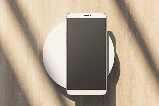 Foto display del telefono cellulare nero vuoto su cilindro bianco su sfondo di legno soleggiato astratto rendering 3d realistico del mockup del telefono cellulare