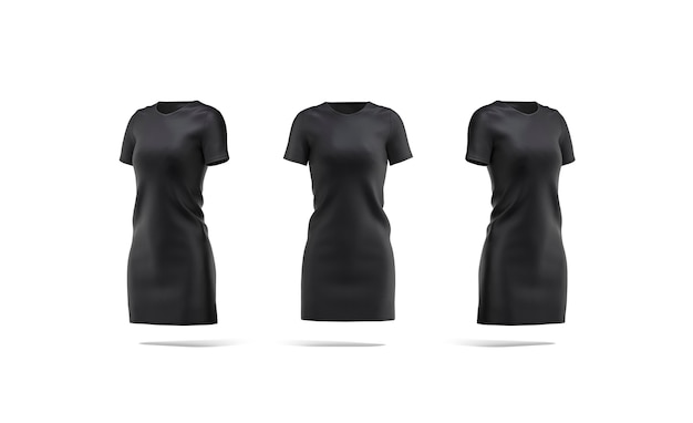 Blank black cloth dress mockup front and side view Empty female jersey tshirt long frock mock up