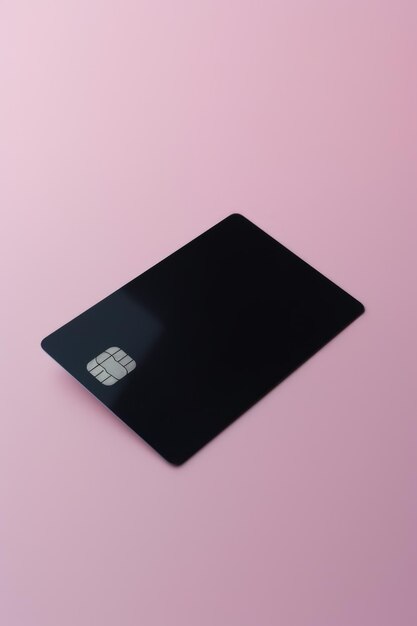 Blank black credit card with microchip on pink copy space created using generative ai technology