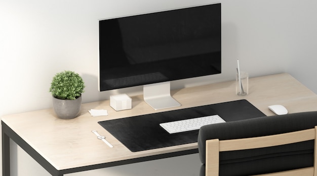 Blank black desk mat with white mouse and keyboard, 3d rendering.