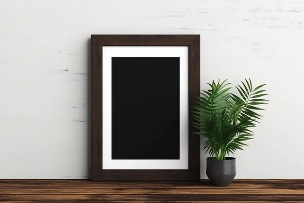 Blank black frame next to a plant