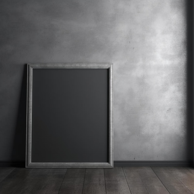 A blank black frame sits against a wall in a dark room.