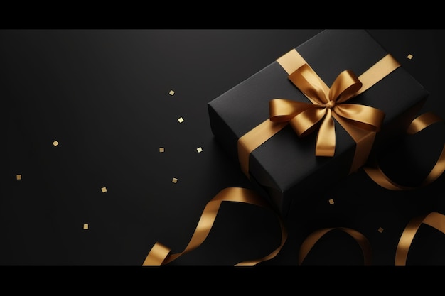 Foto scatola regalo nera vuota su una superficie nera vista cenitale foto realistica ultra realistica perfetta