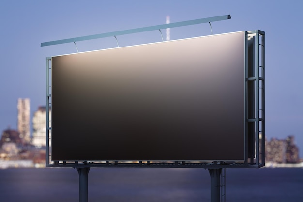 Пустой черный горизонтальный рекламный щит на фоне городских зданий в ночной перспективе Макет рекламной концепции