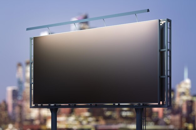 Blank black horizontal billboard on cityscape background at night perspective view Mockup advertising concept