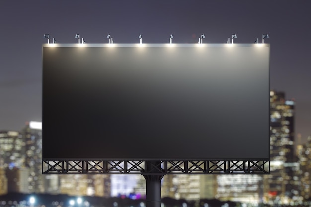 Blank black horizontal billboard on skyline background at evening front view mock up advertising con