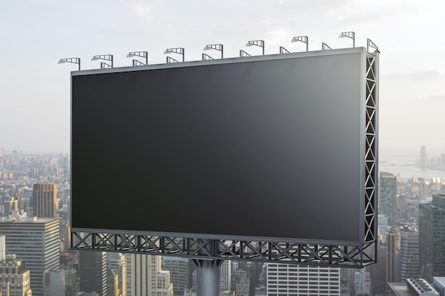 Blank black horizontal billboard on skyline background\
perspective view mock up advertising concept