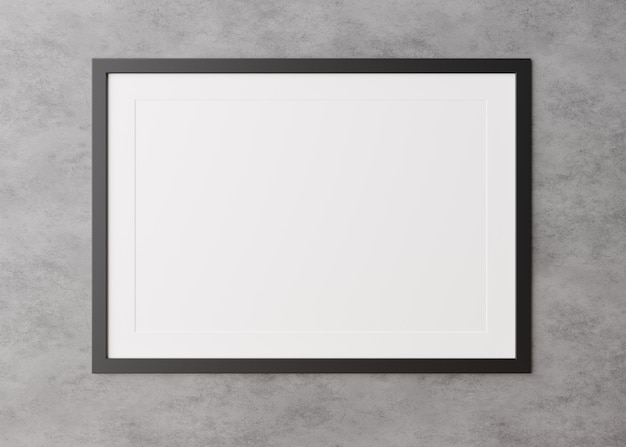 Пустая черная горизонтальная рамка для фотографий, висящая на бетонной стене. Шаблон макета для вашего изображения или плаката.