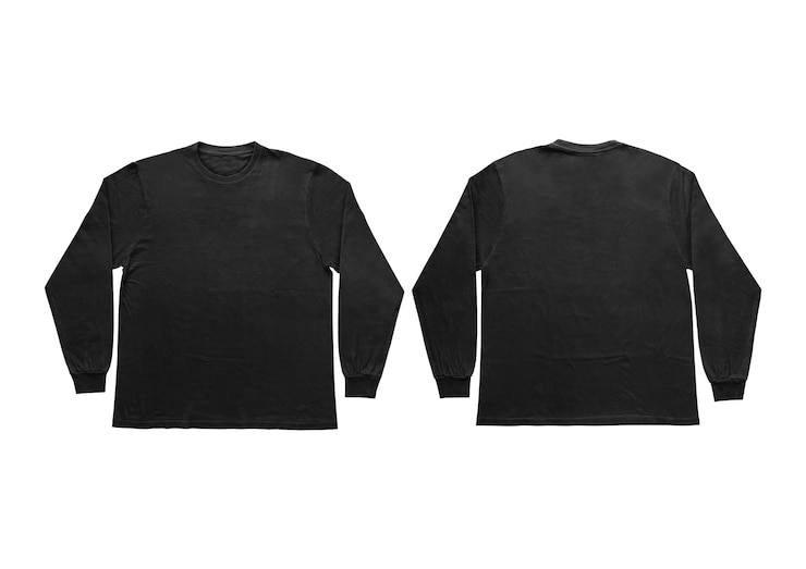 Photo 黒い長袖のtシャツの前と後ろのモックアップは,クリーンな背景に隔離され,クリッピングパスで長袖のフラットレイデザインとプリントのためのテンプレートです.