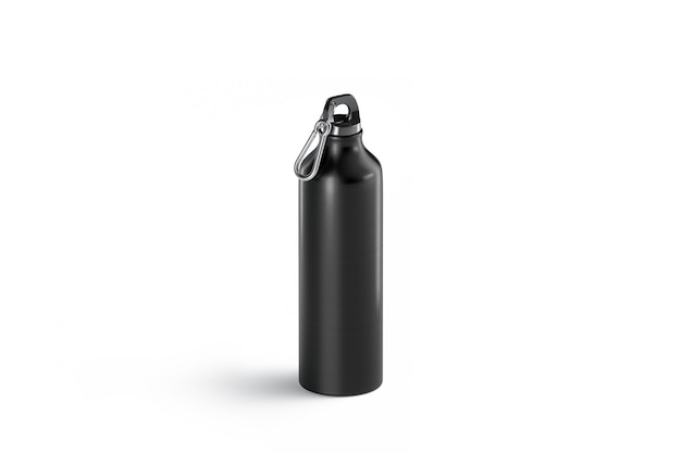 Макет пустой черной металлической спортивной бутылки, изолированный, вид сбоку
