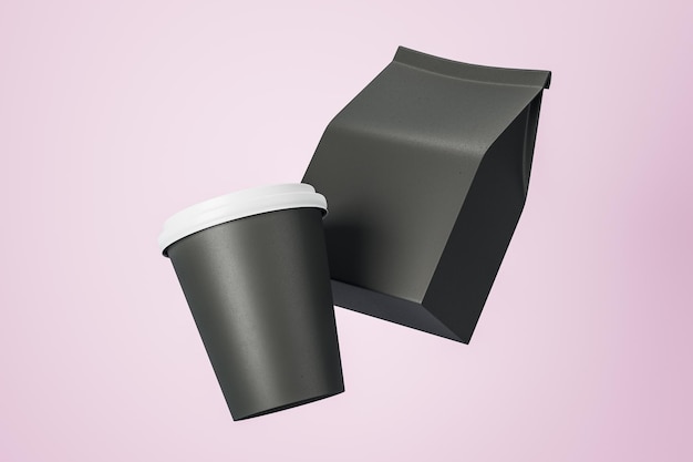 Blank black paper cup to go and black coffee package at light\
pink background mock up