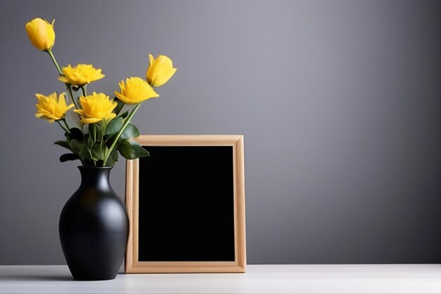 Blank Black Photo Frame and vase on table for Design Mockup Template