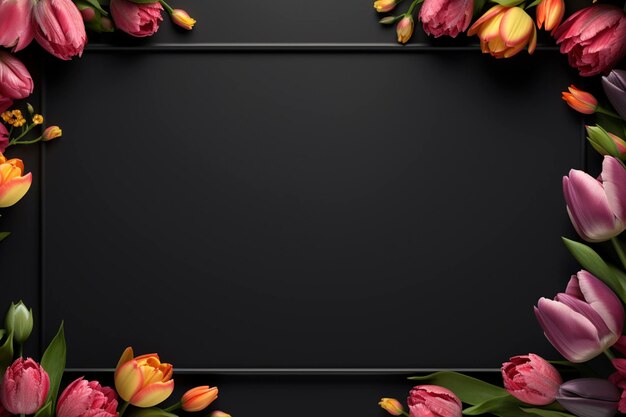 blank black picture frame with beautiful flowers