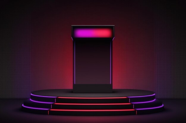 A blank black podium in a dark studio with purple