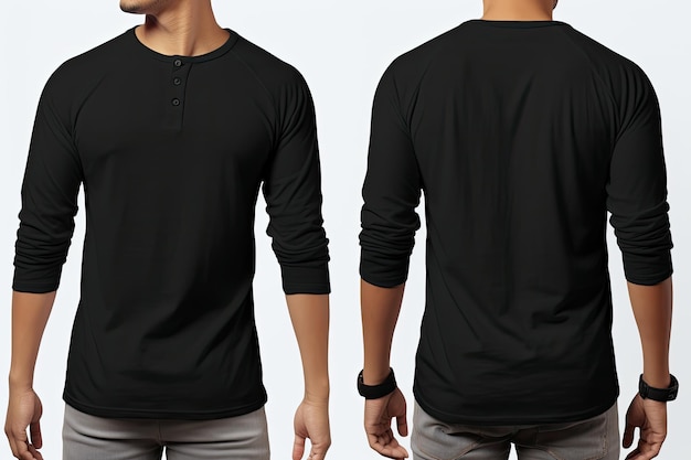 Blank black polo tshirt mockup front and back view Male model wearing a black color Henley tshirt on a White background front view and back view top section cropped AI Generated