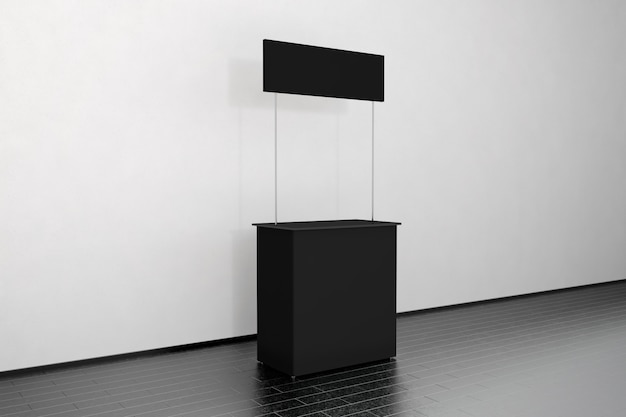 Photo blank black promo counter  stand near the wall, side view