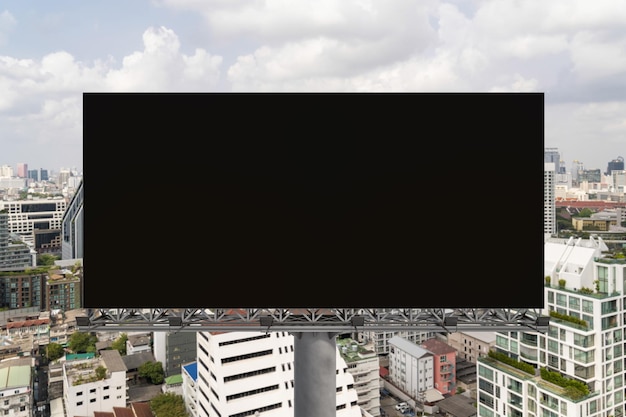 Blank black road billboard with bangkok cityscape background at\
day time street advertising poster mock up 3d rendering front view\
the concept of marketing communication to promote or sell idea