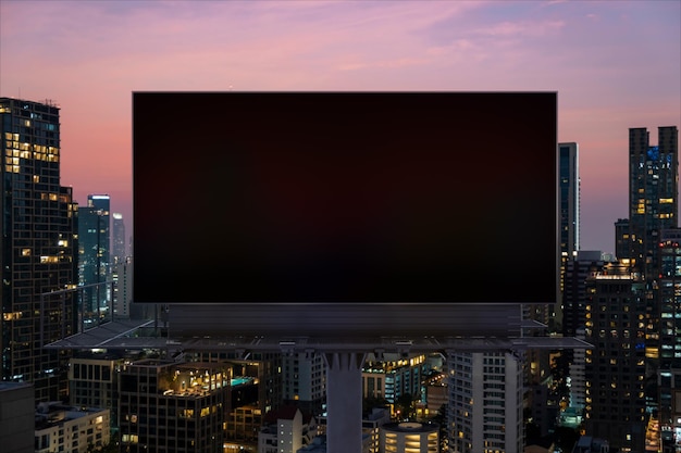 blank black road billboard with bangkok cityscape background at night time street advertising poster mock up 3d rendering front view the concept of marketing communication to sell idea