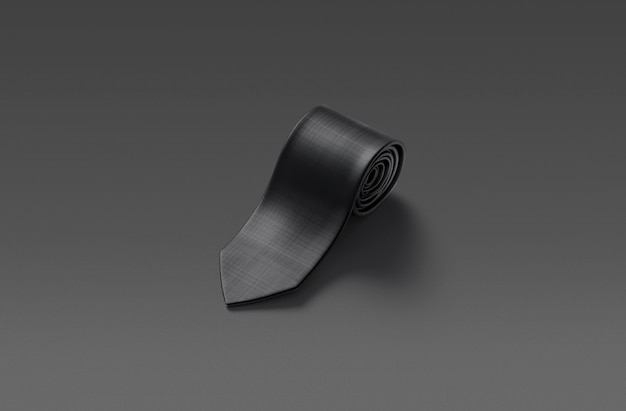 Blank black rolled neck tie mockup, dark background, 3d rendering. Empty ceremony male necktie mock up, side view. Clear casual twister cravat for gentleman costume mokcup template.