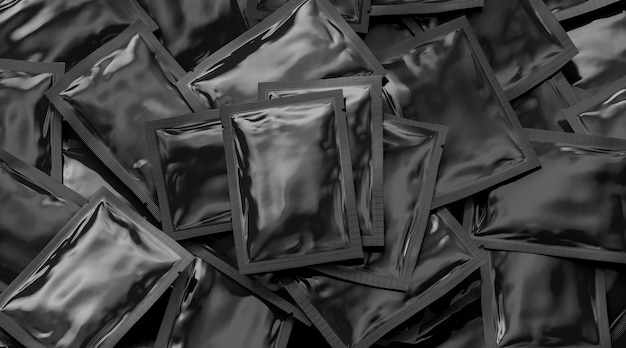 Blank black sachet packet big stack mock up