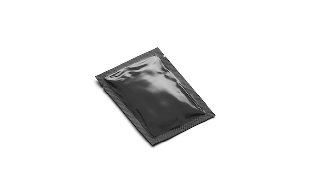 Blank black sachet packet mockup, isolated, side view