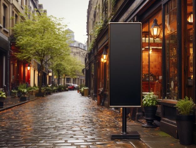 Blank black signboard in city street Mock up Generative AI