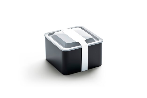 Пустой черный квадратный одноразовый контейнер с белой прямоугольной этикеткой, 3d-рендеринг. Пустой пластиковый лоток на вынос. Прозрачный ланч-бокс с наклейкой на упаковке.