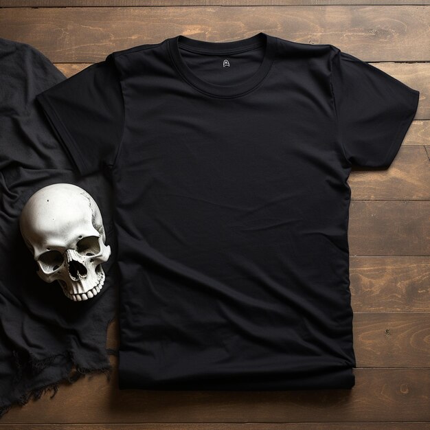 a blank black t shirt lying in a sleeping position on a table up view beside it a skull