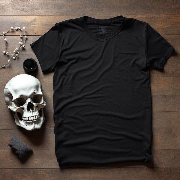 a blank black t shirt lying in a sleeping position on a table up view beside it a skull