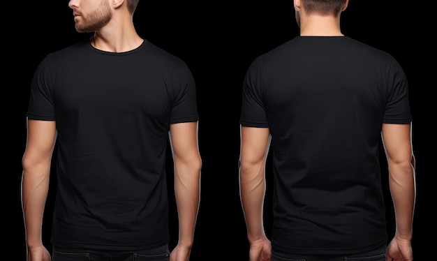 Photo blank black t shirt template on man body front and back view male model wearing a black color henley tshirt on a white background front view and back view top section cropped ai generated