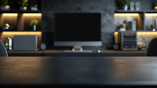 Blank black tabletop with blurred office devices and computer accessories in the background