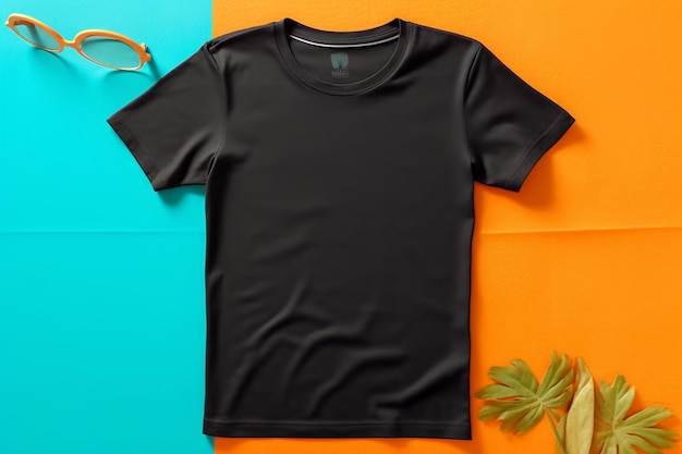 blank black tshirt mockup on colorful background flat lay