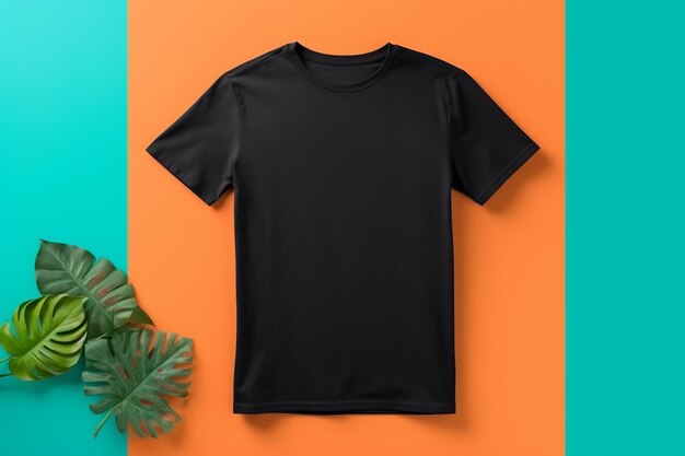 blank black tshirt mockup on colorful background flat lay