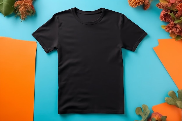 blank black tshirt mockup on colorful background flat lay