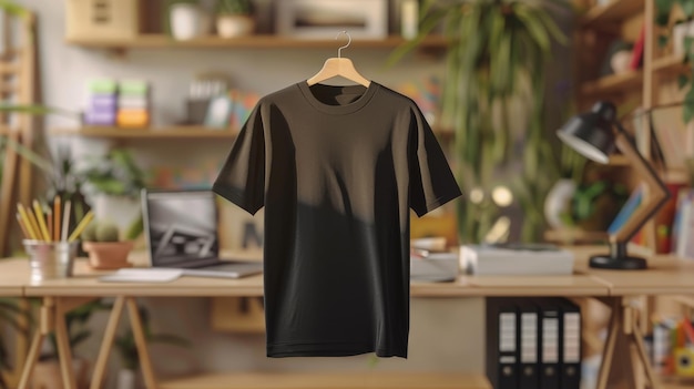 Blank Black TShirt Mockup in a Creative Workspace Ideal for Branding and Fashion Design Showcases