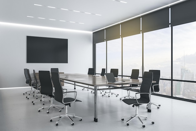 Blank black tv screen on white wall in modern conference room with stylish furniture and city view Mockup 3D rendering