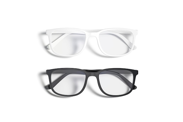 Blank black and white eye glasses mockup set top view