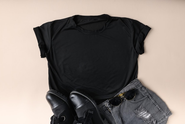 写真 白い背景に隔離されたジーンズと革の靴の黒い女性綿のtシャツモックアップ デザインtシャツテンプレートプリントプレゼンテーションモックアップ トップビューフラットレイ