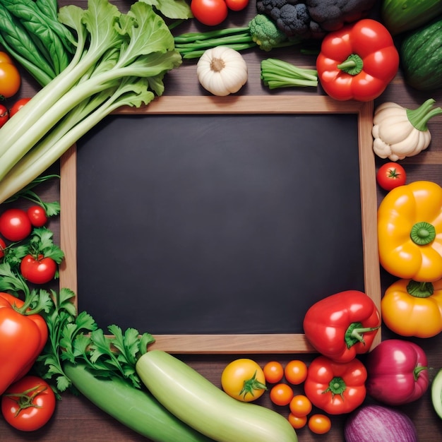 Blank blackboard and Assorted of fresh vegetables Template mockup AI Generative